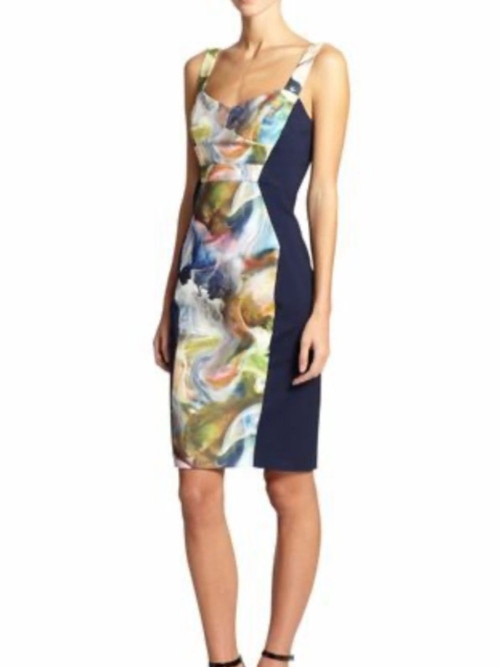 Black Halo smoke watercolor Sheath Dress with navy Side Panels- size 6